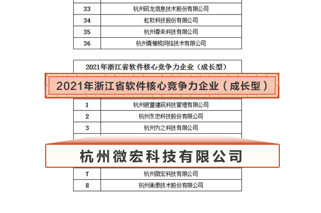 微宏科技入选2021年浙江省软件企业核心竞争力评价成长型八强